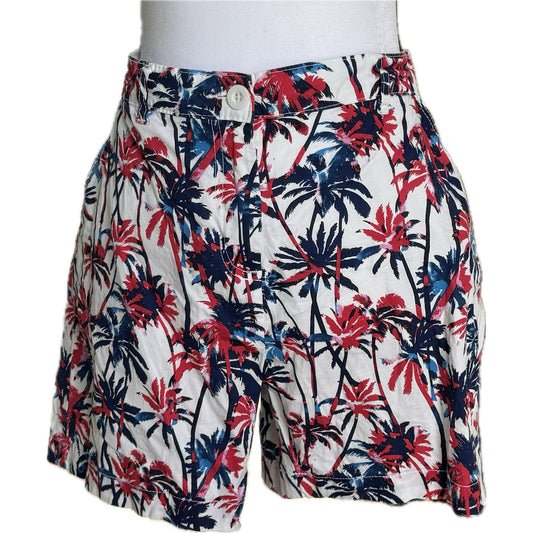 Caribbean Joe Red,White Blue Palm Tree Print Shorts Sz 10 Beachy Vibrant Casual