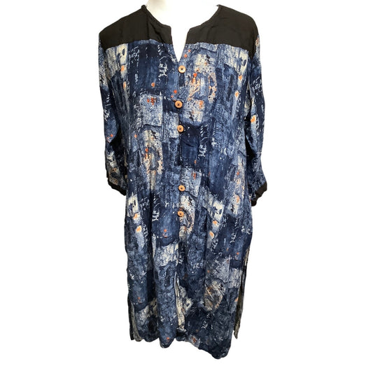 XXL Flowy Blue Paint Splatter V-Neck Dress - Artistic, Boho, Casual