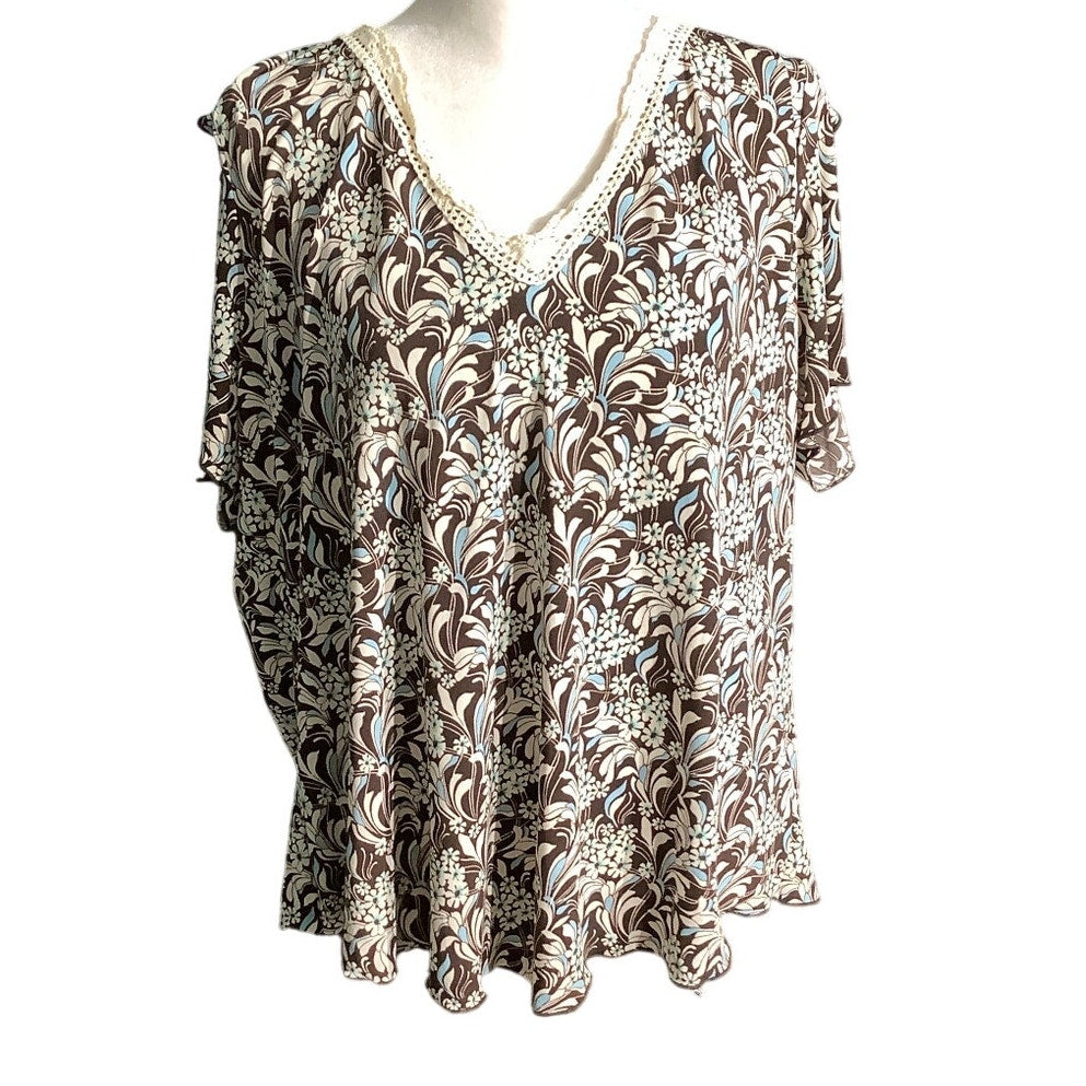 Susan Lawrence Blouse Women’s 2X Brown Cream Blue — Boho, Flowy, Casual