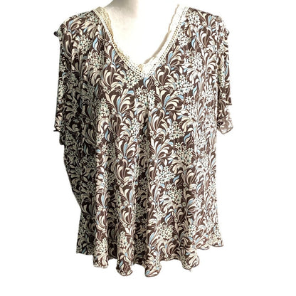 Susan Lawrence Blouse Women’s 2X Brown Cream Blue — Boho, Flowy, Casual