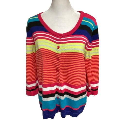 Cardigan Sweater Sz 1X Striped Multicolor Pink Blue Yellow Jillian Nicole