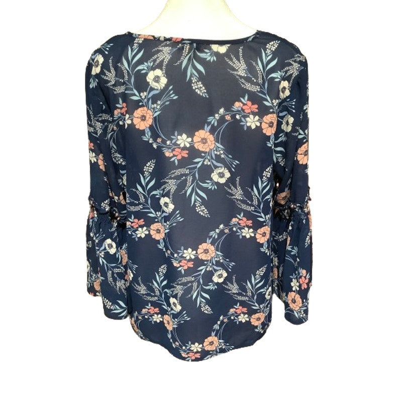 Lily White Floral Long Flowy Bell Sleeve Top Navy Blue L Boho Chic Feminine