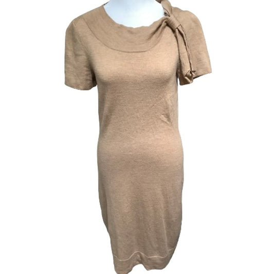 Banana Republic Tan Merino Wool Dress S Tie-Neck, Preppy New Rich ** Flaw