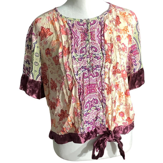 Anthropologie Floral Print Blouse Women’s Medium—Peasant, Tie Front, Cottagecore