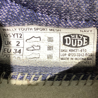 Hey Dude Child Size 2 — Navy, Slip-On, Sport Mesh
