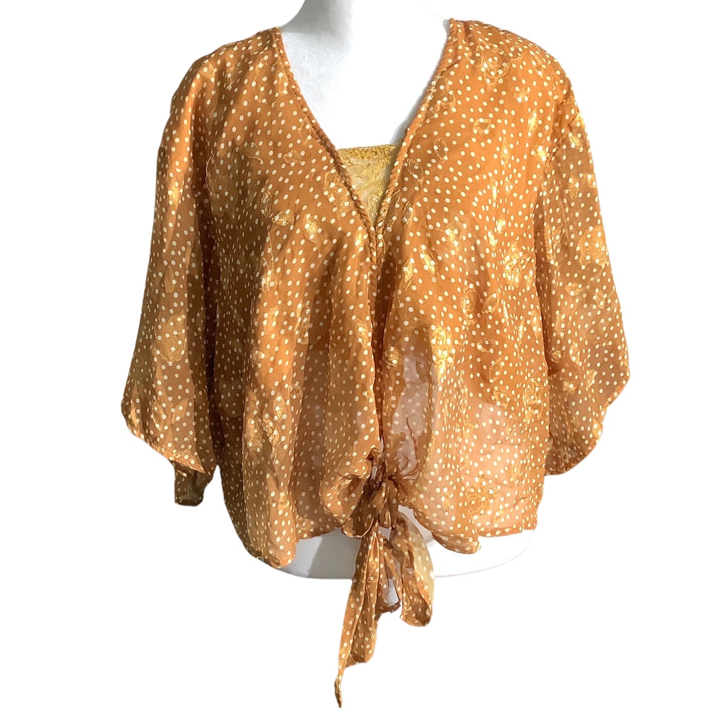 By Together Gold Sheer Floral Blouse Women’s Medium — Boho, Tie Front, Flowy