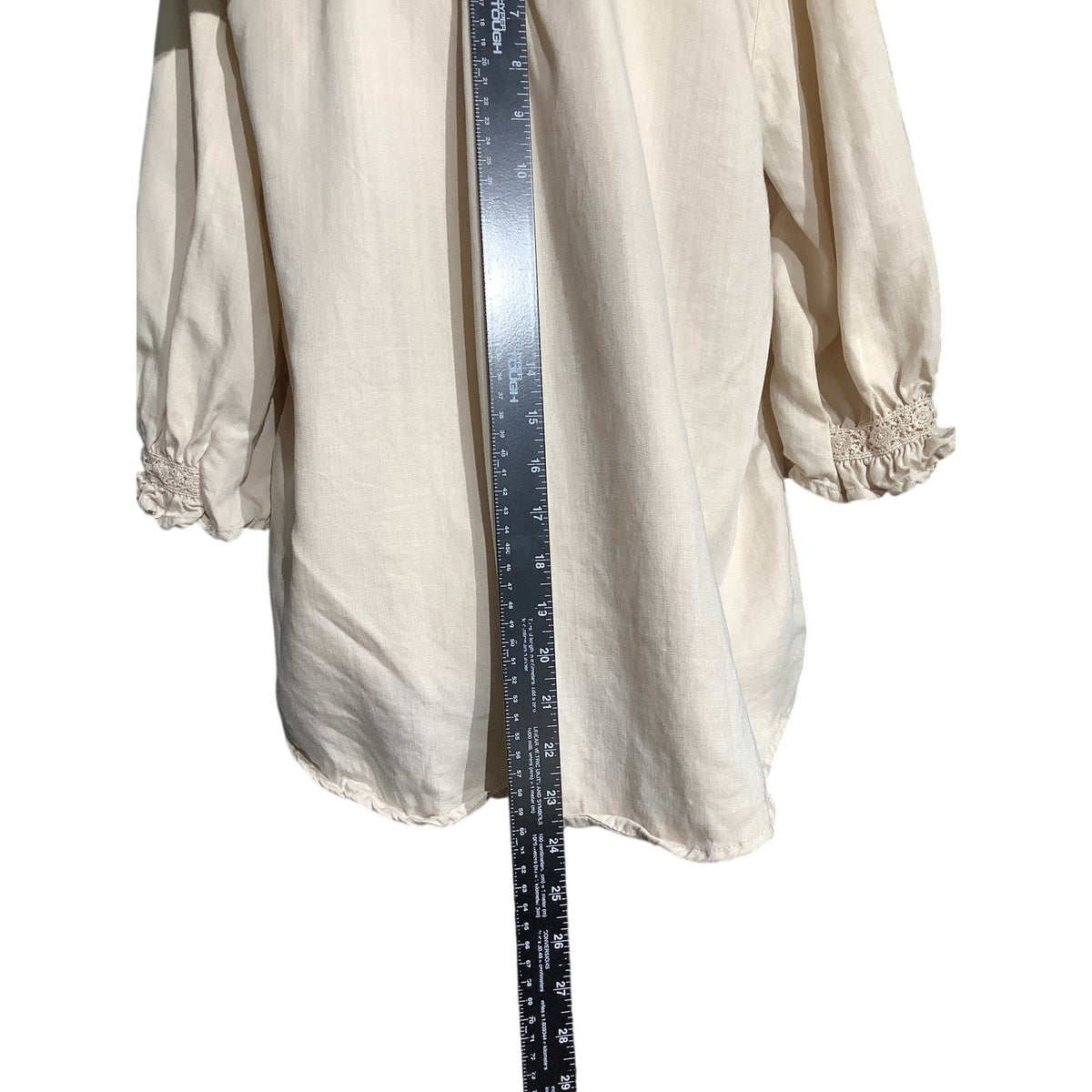 Democracy Women's Petite M Beige Crochet Trim Ruffle V Neck Button Shirt