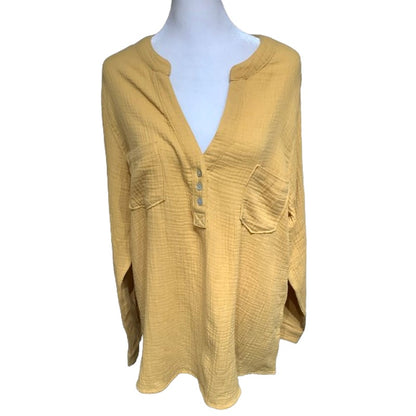 Mote Top Gauze Mustard Yellow Long Sleeve XXL Relaxed Boho Lagenlook