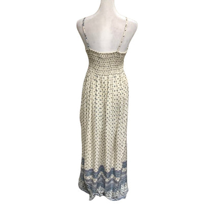 DEVI Cream Maxi Dress with Blue Floral Print, Size S/M - Boho, Flowing, Summer