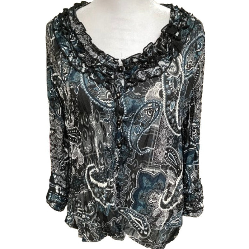 Signature by Larry Levine Black Blue Long Sleeve Shirt Ruffled, Paisley, Boho