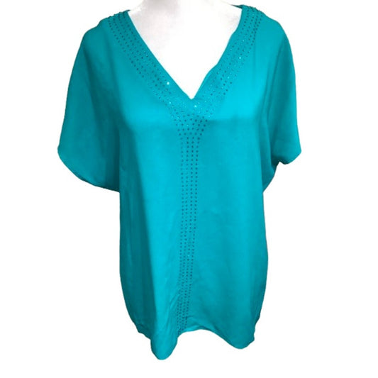 Cynthia Rowley Beaded Teal Short Sleeve Shirt Size XL  Boho, Feminine, Everyday