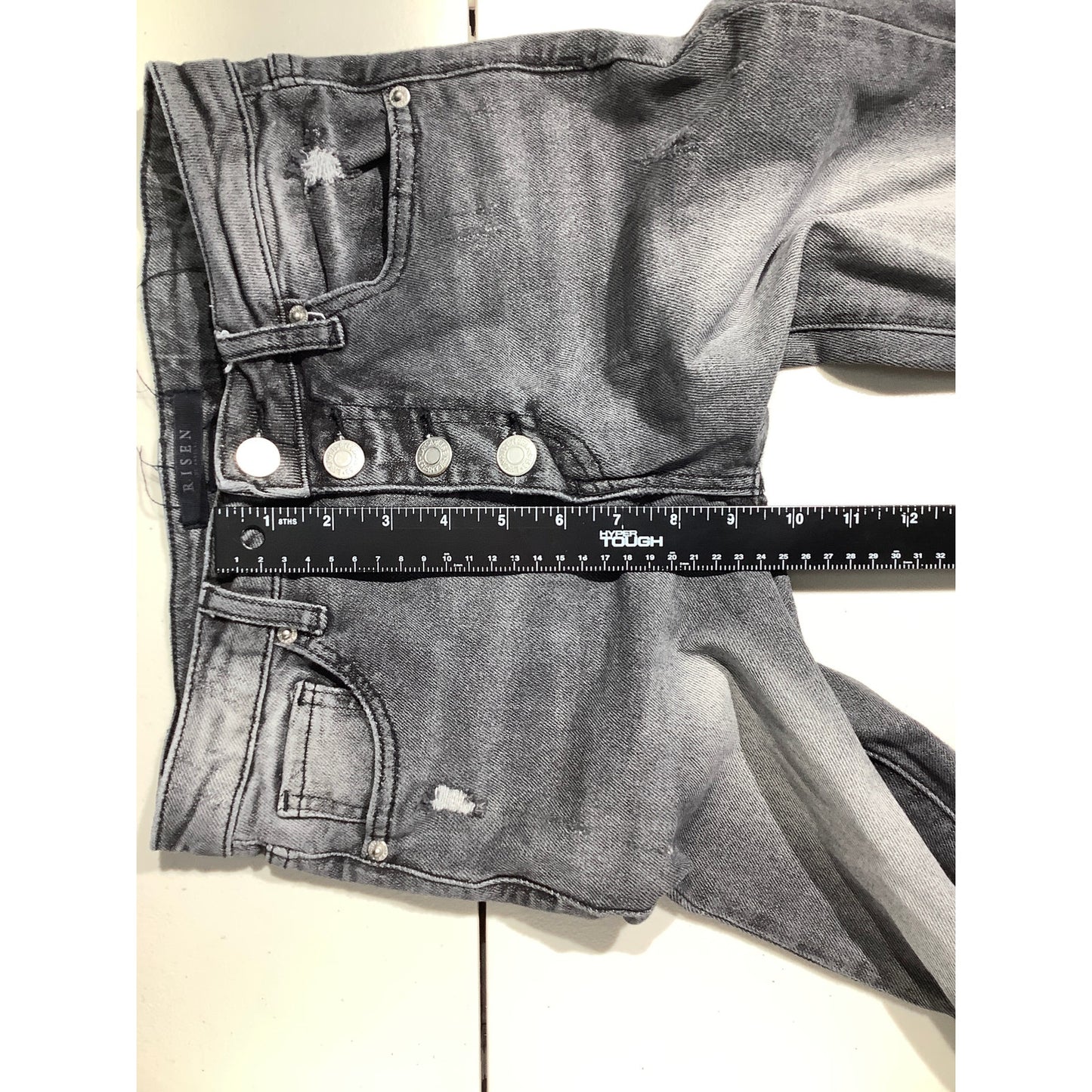 Risen Dark Gray Distressed Flare Jeans Women 26/3 — High Rise, Raw Hem, Y2K
