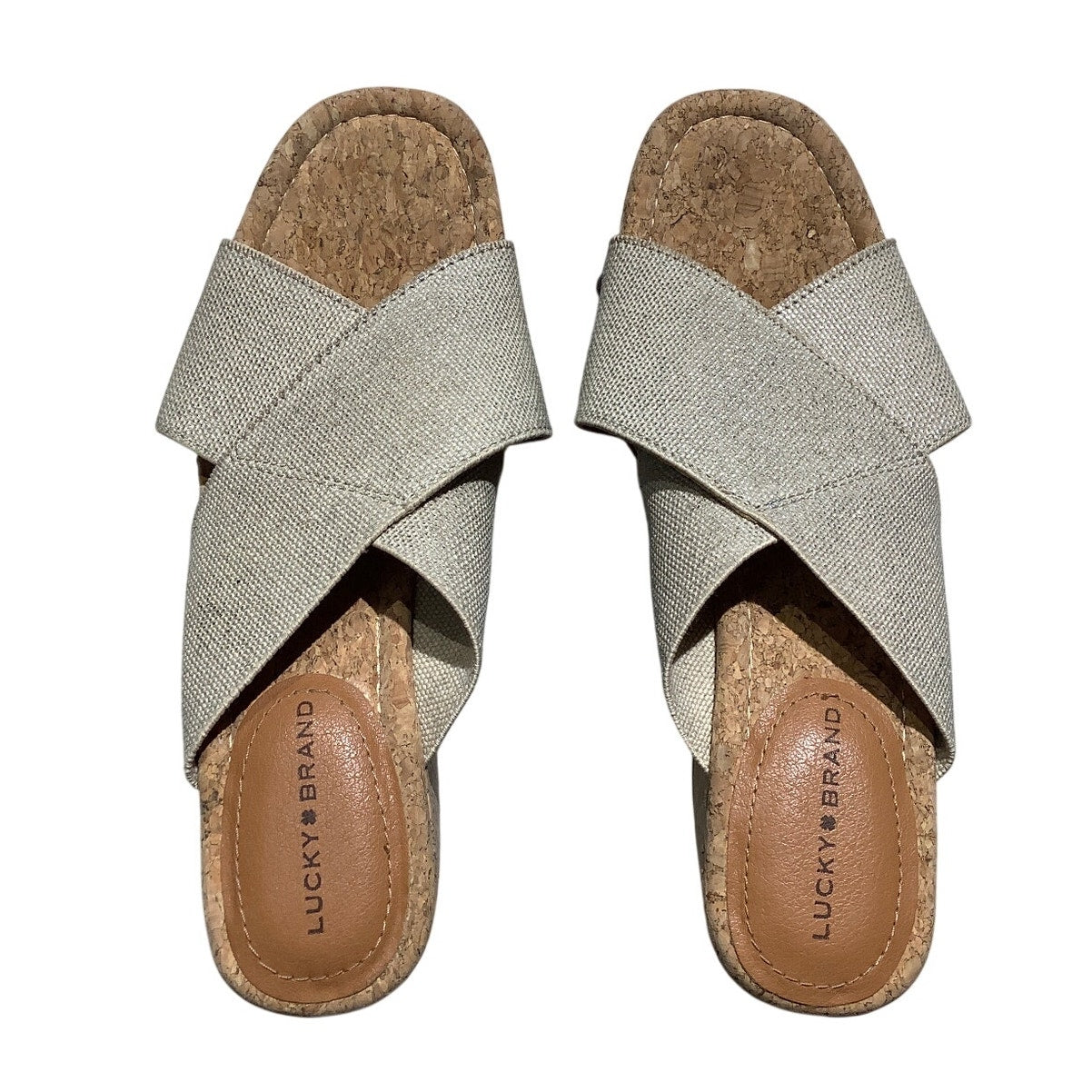 Lucky Brand Cross-Strap Cork Wedge Slides Women’s 8W — Boho, Coastal, Casual