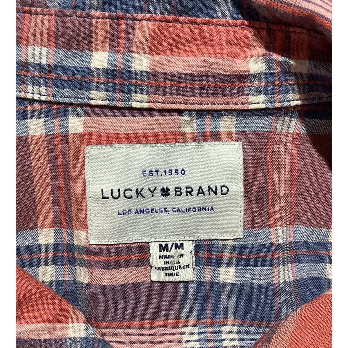 Lucky Brand Men's M Coral Blue Plaid Short Sleeve Button Down Shirt