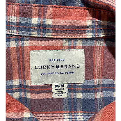Lucky Brand Men's M Coral Blue Plaid Short Sleeve Button Down Shirt