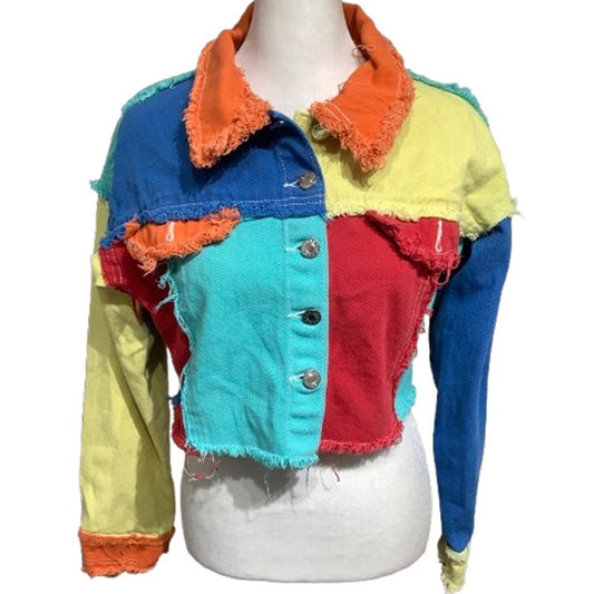 Bright Patchwork Cropped Denim Jacket S - Colorful Y2K, Grunge, Streetwear