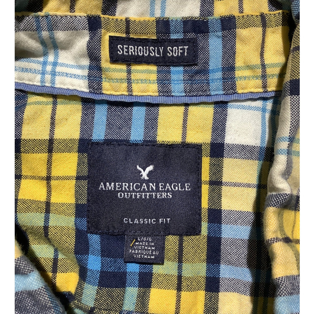 American Eagle Men's L Yellow Blue White Plaid Seriously Soft Button Up