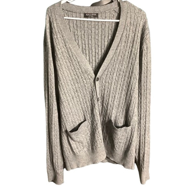 Kallspin Men’s Gray Cardigan Large Tall –V-Neck, Cable Knit, Cashmere Wool Blend