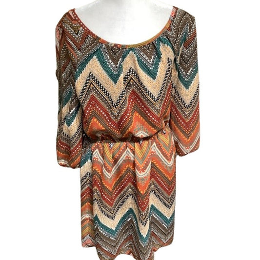 Bongo Boho Fall Chevron Dress – Multicolor, 3/4 Sleeve, Flowy – Size L