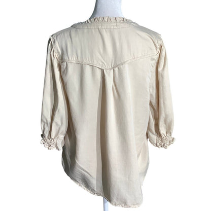 Democracy Women's Petite M Beige Crochet Trim Ruffle V Neck Button Shirt