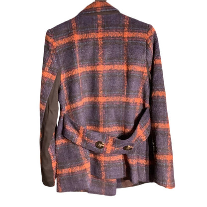 Cabi Women's M Navy Orange Plaid Checkmate Wool Blend Double Breasted Jacket