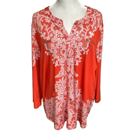 Susan Graver 3/4 Sleeve Orange and White Paisley Top XL Boho, Comfy, Elegant