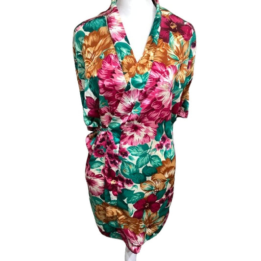 Vintage Copacabana Floral Satin Robe, Size M – Tropical, Boho, Statement Piece