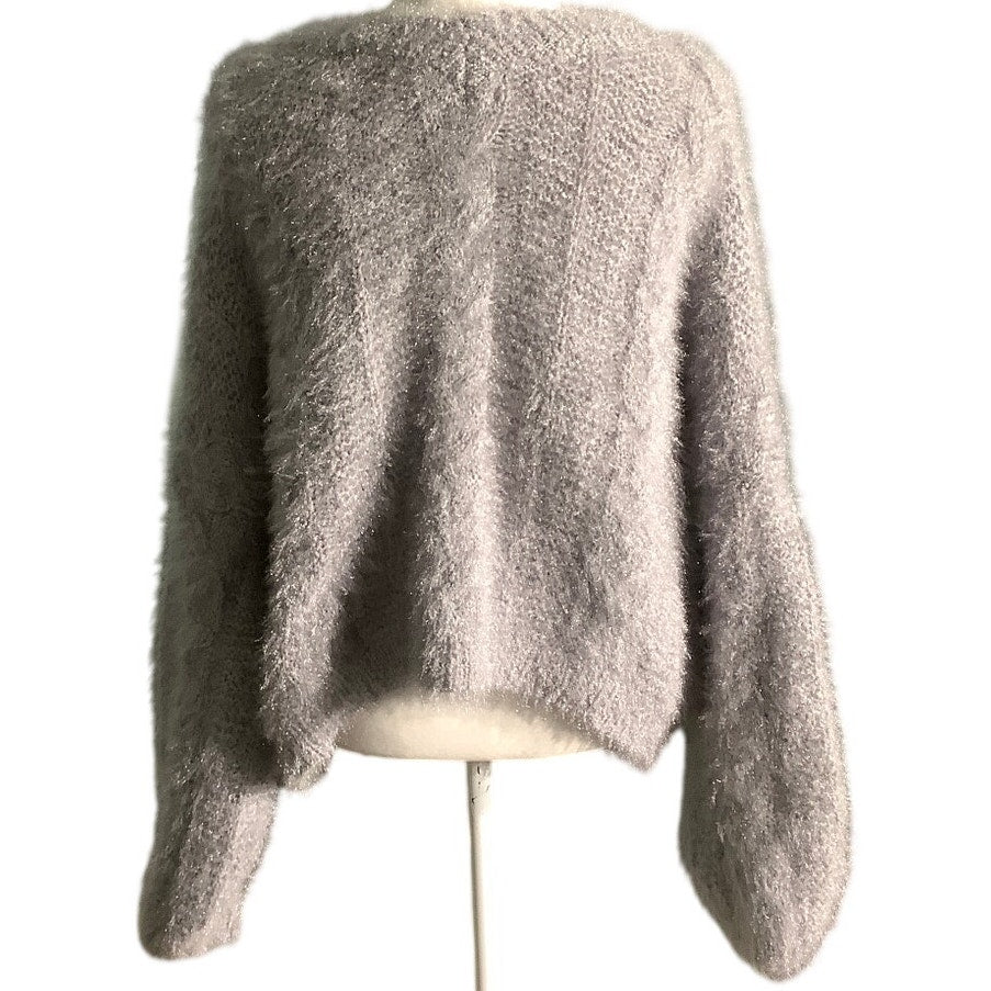 POL Light Gray Fuzzy Knit V-Neck Sweater Women’s Size S/M— Cozy, Soft, Oversized