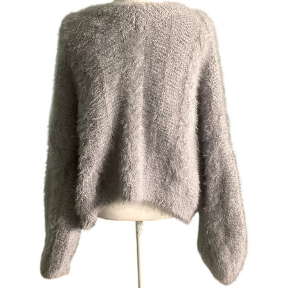 POL Light Gray Fuzzy Knit V-Neck Sweater Women’s Size S/M— Cozy, Soft, Oversized