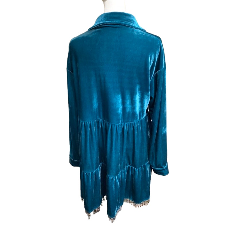 Unbranded Velvet Oversized Lagenlook Boho Dress Greenish Blue Beaded Teal Size L