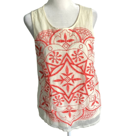 Lucky Brand Off White Tank Top with Light Red Design Sz SM - Boho, Casual, Chic