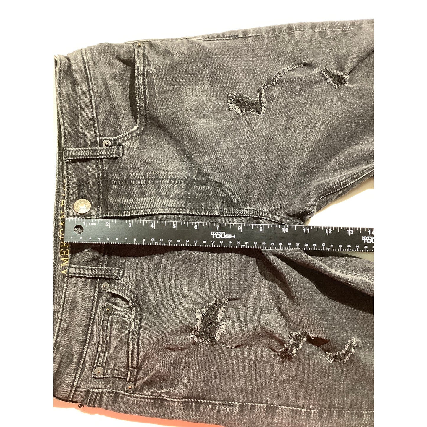 American Eagle Black Denim Shorts Men’s 32 –Distressed, Frayed Hem, Extreme Flex