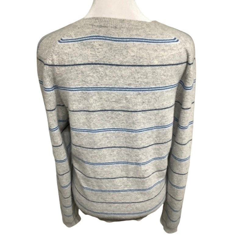 100% Cashmere Grey Sweater, Blue & White Stripes Cozy Minimalist