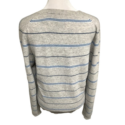 100% Cashmere Grey Sweater Size M Blue & White Stripes Cozy Minimalist