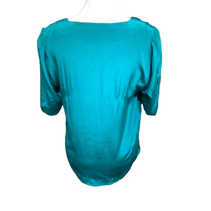 Madison Marcus Silk Pleated Short Sleeve Top M Teal Boho Elegant Feminine