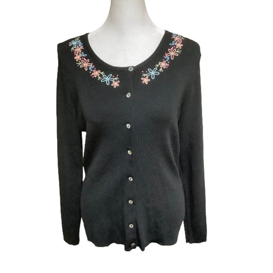 Linda Matthews Black Embroidered Sweater Cardigan S Cottagecore Vintage Feminine