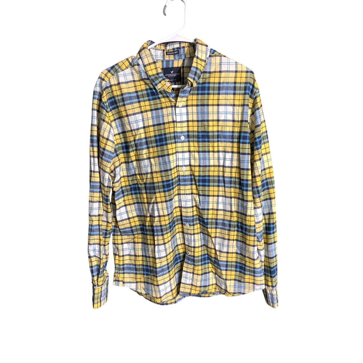 American Eagle Men's L Yellow Blue White Plaid Seriously Soft Button Up