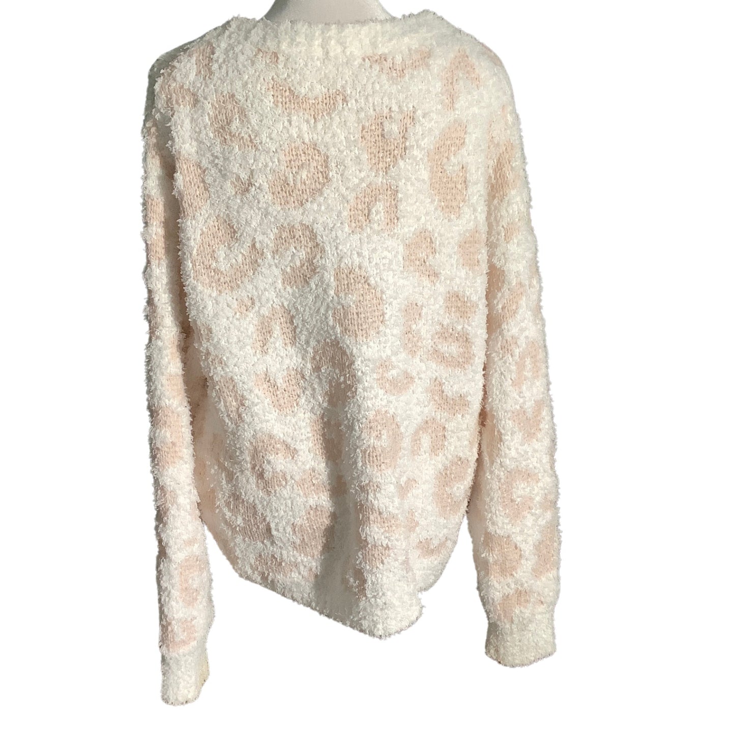 POL White Beige Cheetah Print Fuzzy Sweater Women S — Plush, Cozy, Soft