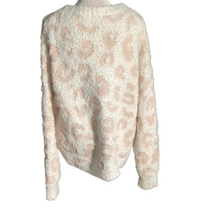 POL White Beige Cheetah Print Fuzzy Sweater Women S — Plush, Cozy, Soft