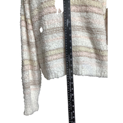 POL White Pink Tan Fuzzy Striped Sweater Women S/M — Soft, Cozy, Lightweight