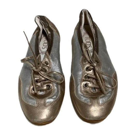 Tod's Made in Italy Silver & Rose Gold Ballet Slippers 7 Luxury, Elegant, Chic