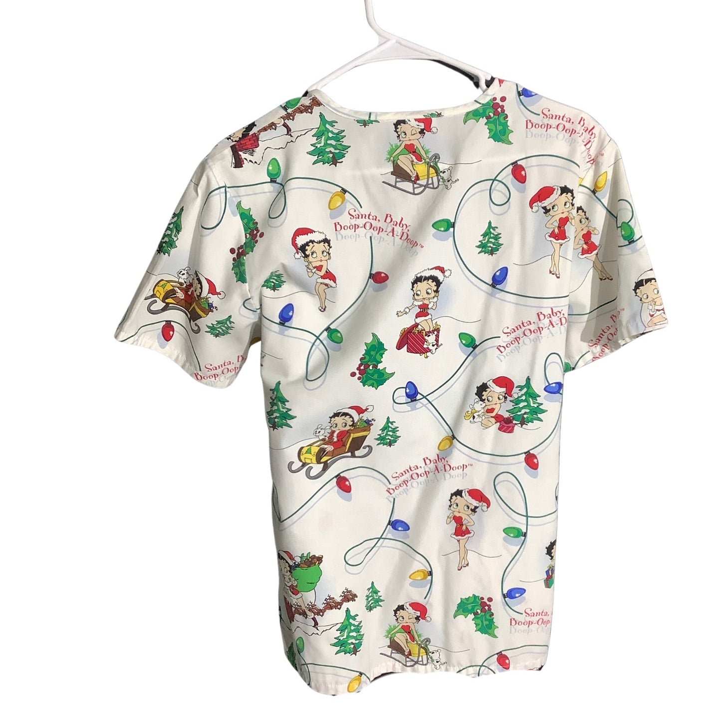 Betty Boop Christmas Scrub Top White Women’s Size XS — Holiday, Nursing, Cute