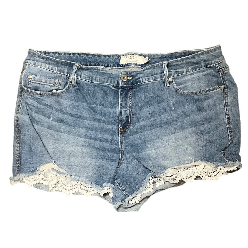 Torrid 24 Light Wash Cut-Off Shorts with Lace Trim, Boho, Casual, Festival Style