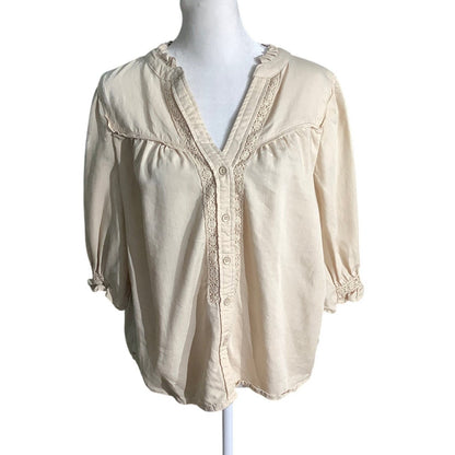 Democracy Women's Petite M Beige Crochet Trim Ruffle V Neck Button Shirt