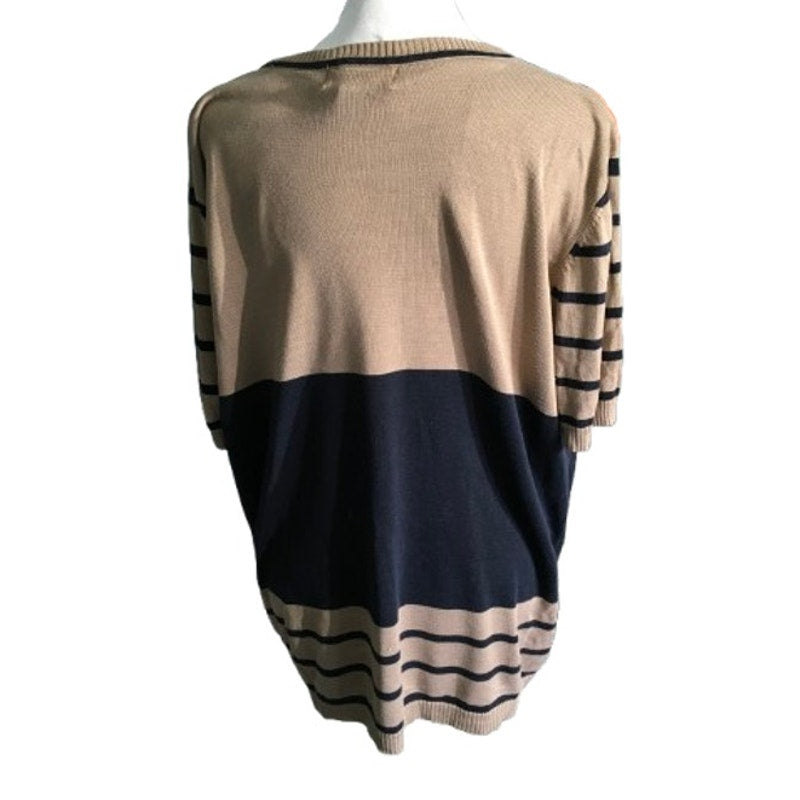 Rena Rowan Light Brown & Blue Striped Silk Sweater 2X- Classic, Minimalist, Chic