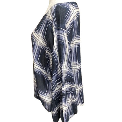 Vince Camuto Plaid Blue Black White Sheer Dolman Sleeve Top L Boho,Preppy, Comfy