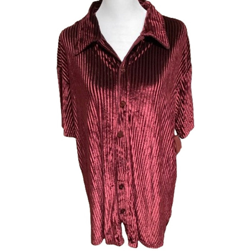 Positano Maroon Velvet Short Sleeve Shirt L Button-Front, Disco, Retro 70s