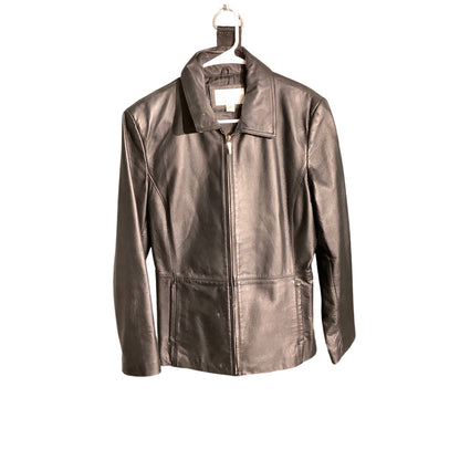 Worthington Women's M Black 100% Leather Full Zip Jacket Classic Collar