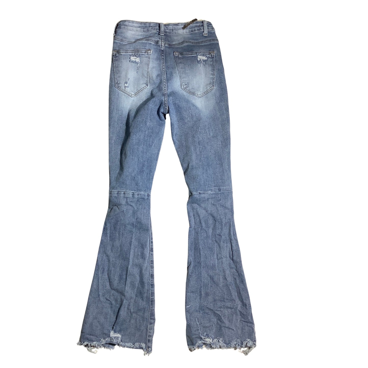 Risen Denim Blue Distressed Flare Jeans Women 26/3 — Boho, Frayed, Vintage Style