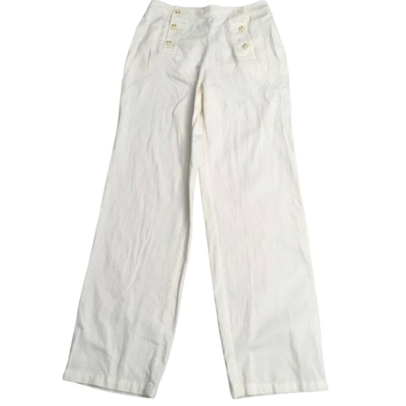 Wide Leg Off-White Button-Front Cotton Pants Size S Coastal, Minimalist, Preppy